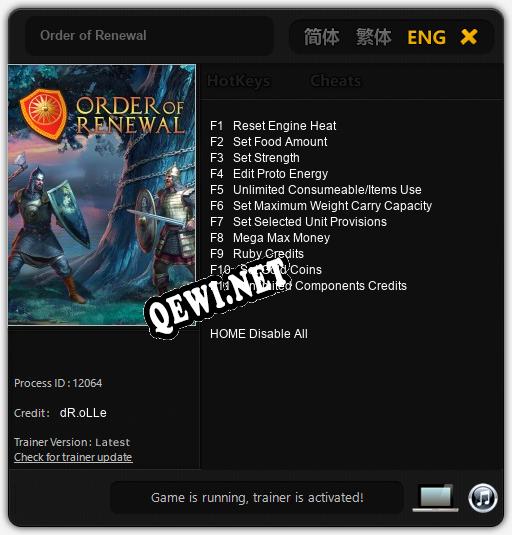 Трейнер для Order of Renewal [v1.0.1]