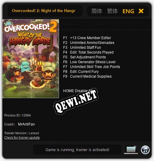 Трейнер для Overcooked! 2: Night of the Hangry Horde [v1.0.9]
