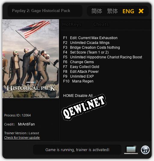 Трейнер для Payday 2: Gage Historical Pack [v1.0.7]