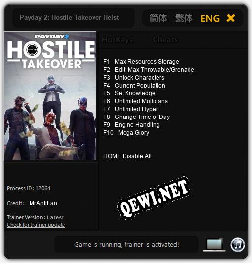 Трейнер для Payday 2: Hostile Takeover Heist [v1.0.3]
