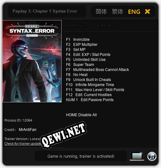 Трейнер для Payday 3: Chapter 1 Syntax Error [v1.0.4]