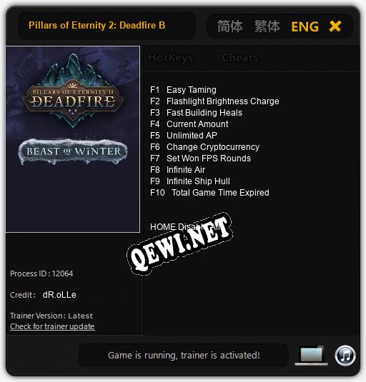Трейнер для Pillars of Eternity 2: Deadfire Beast of Winter [v1.0.9]