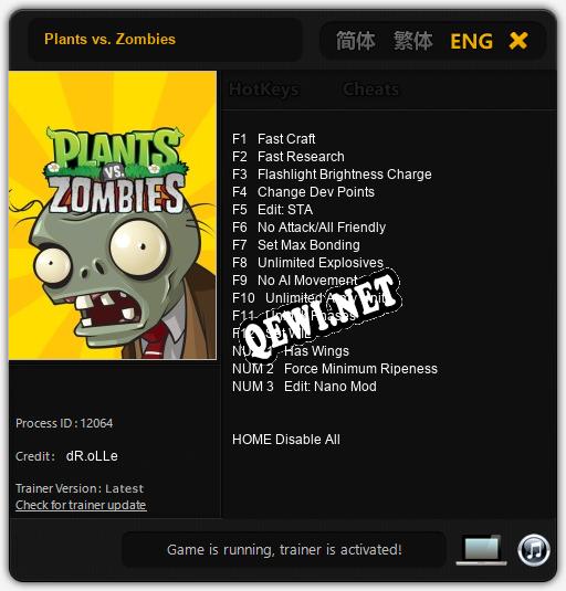 Plants vs. Zombies: Трейнер +15 [v1.8]