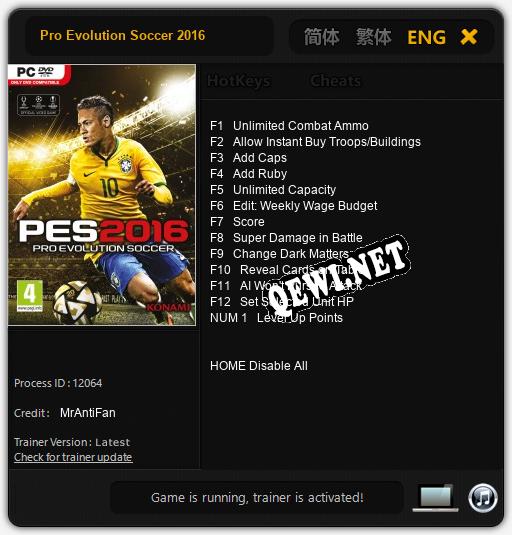 Pro Evolution Soccer 2016: Трейнер +13 [v1.6]
