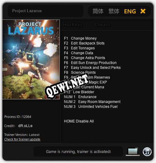 Трейнер для Project Lazarus [v1.0.4]