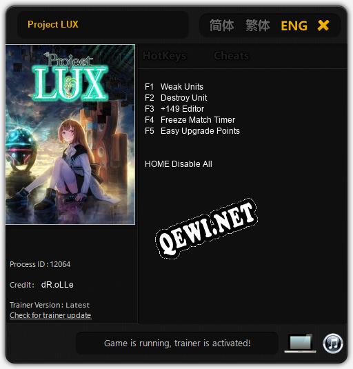 Трейнер для Project LUX [v1.0.6]