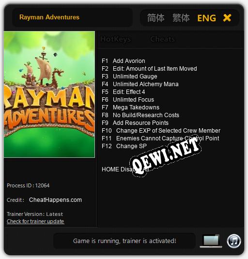 Rayman Adventures: Читы, Трейнер +12 [CheatHappens.com]