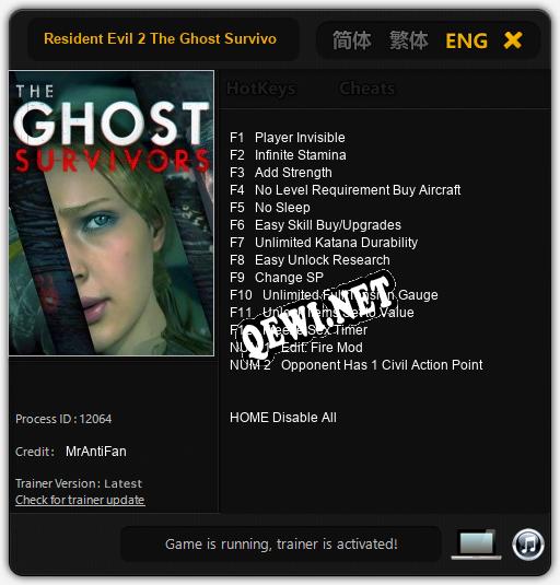 Трейнер для Resident Evil 2 The Ghost Survivors [v1.0.1]
