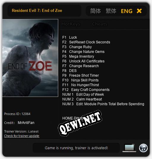 Resident Evil 7: End of Zoe: Трейнер +15 [v1.2]