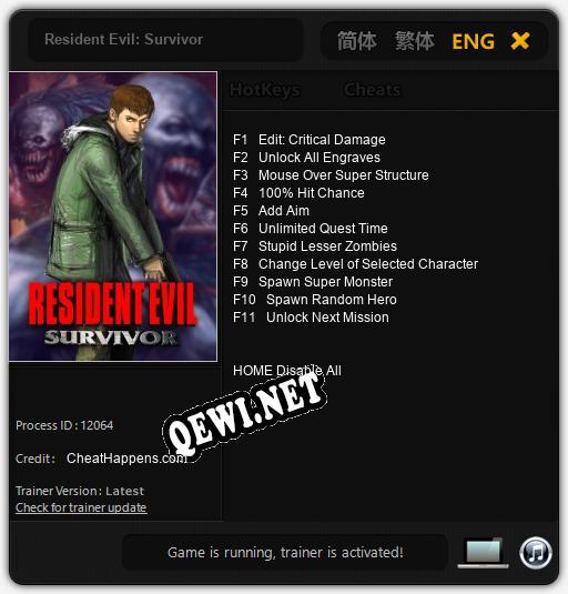 Трейнер для Resident Evil: Survivor [v1.0.8]