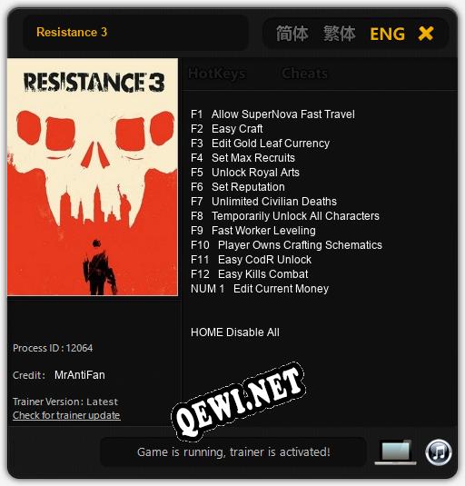 Трейнер для Resistance 3 [v1.0.6]