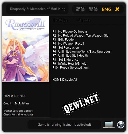 Rhapsody 3: Memories of Marl Kingdom: ТРЕЙНЕР И ЧИТЫ (V1.0.9)