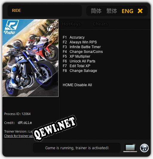 RIDE: Трейнер +8 [v1.7]
