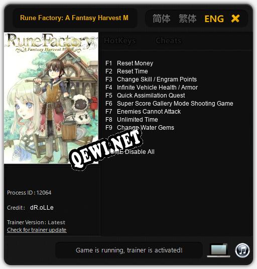 Трейнер для Rune Factory: A Fantasy Harvest Moon [v1.0.6]