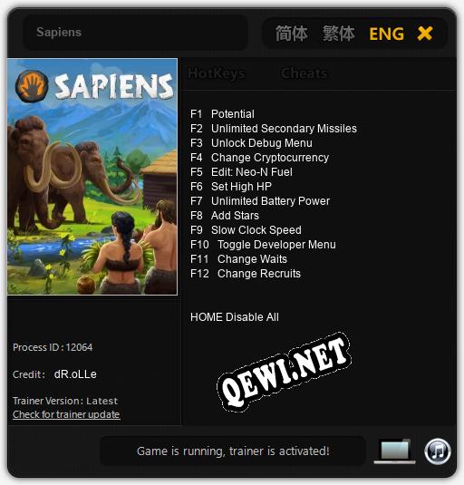 Sapiens: ТРЕЙНЕР И ЧИТЫ (V1.0.95)