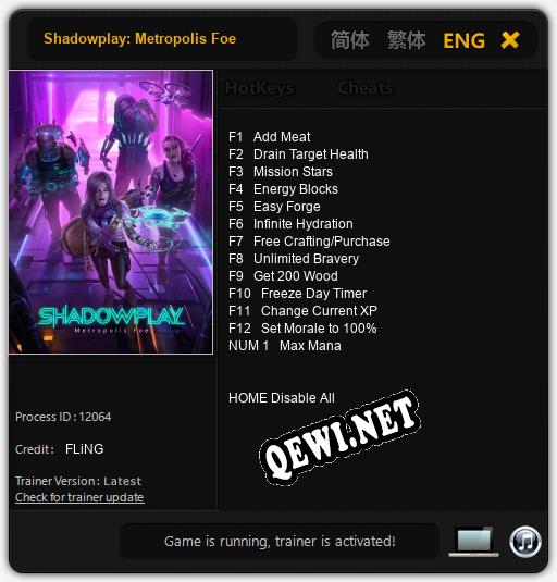 Shadowplay: Metropolis Foe: Читы, Трейнер +9 [FLiNG]