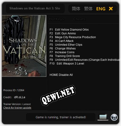 Трейнер для Shadows on the Vatican Act 3: Sloth [v1.0.9]