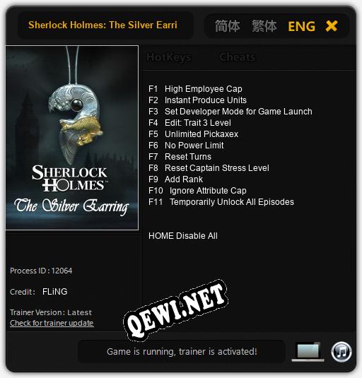 Трейнер для Sherlock Holmes: The Silver Earring [v1.0.1]
