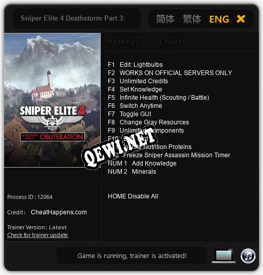 Sniper Elite 4 Deathstorm Part 3: Obliteration: Читы, Трейнер +14 [CheatHappens.com]