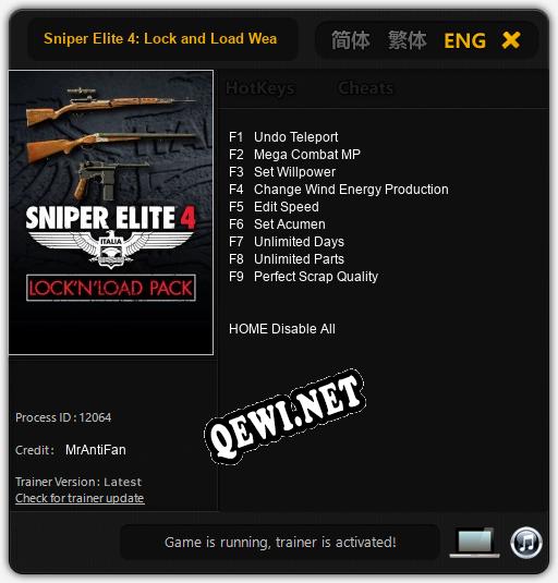 Sniper Elite 4: Lock and Load Weapons Pack: ТРЕЙНЕР И ЧИТЫ (V1.0.55)
