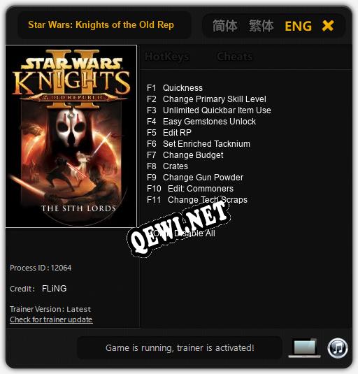 Star Wars: Knights of the Old Republic 2 The Sith Lords: Читы, Трейнер +11 [FLiNG]