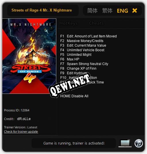 Трейнер для Streets of Rage 4 Mr. X Nightmare [v1.0.9]