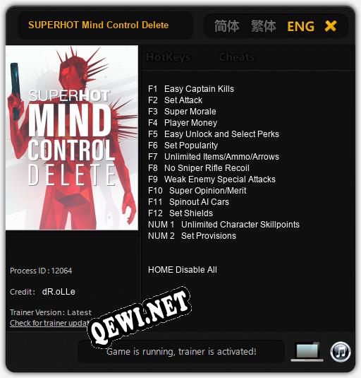 Трейнер для SUPERHOT Mind Control Delete [v1.0.5]