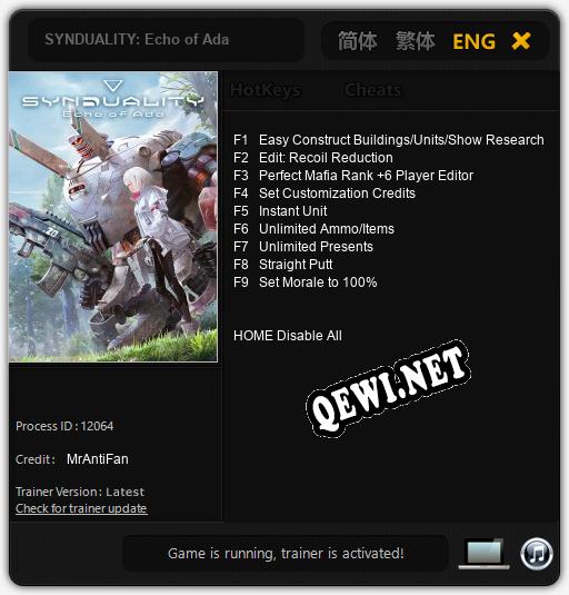 Трейнер для SYNDUALITY: Echo of Ada [v1.0.2]