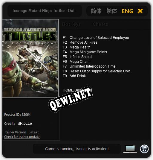 Трейнер для Teenage Mutant Ninja Turtles: Out of the Shadows [v1.0.2]