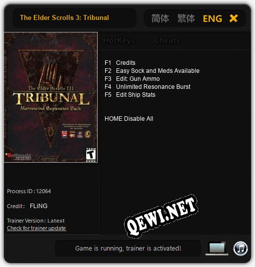 Трейнер для The Elder Scrolls 3: Tribunal [v1.0.7]