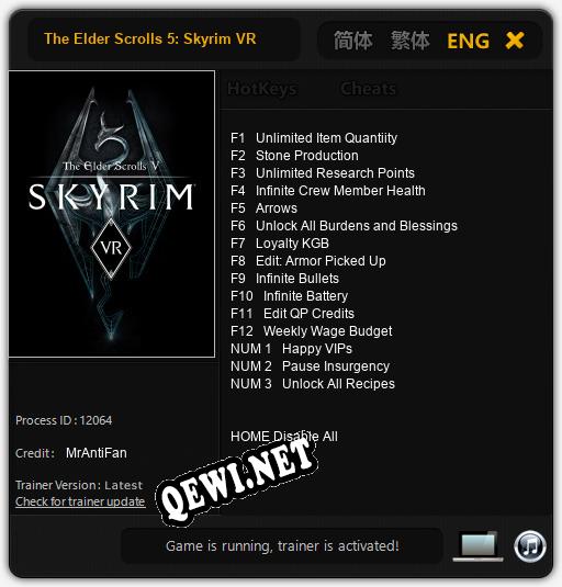 Трейнер для The Elder Scrolls 5: Skyrim VR [v1.0.9]