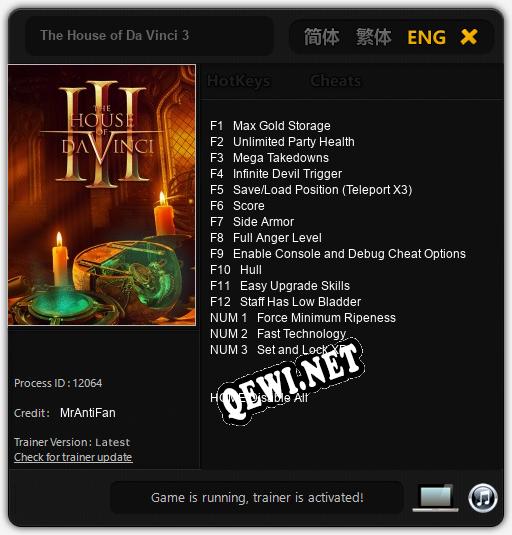 Трейнер для The House of Da Vinci 3 [v1.0.9]