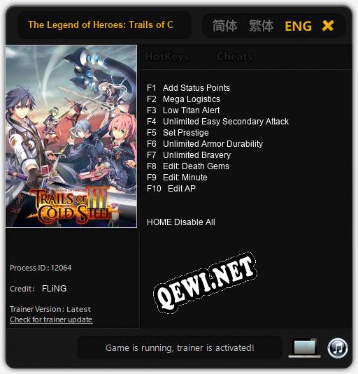 Трейнер для The Legend of Heroes: Trails of Cold Steel 3 [v1.0.9]