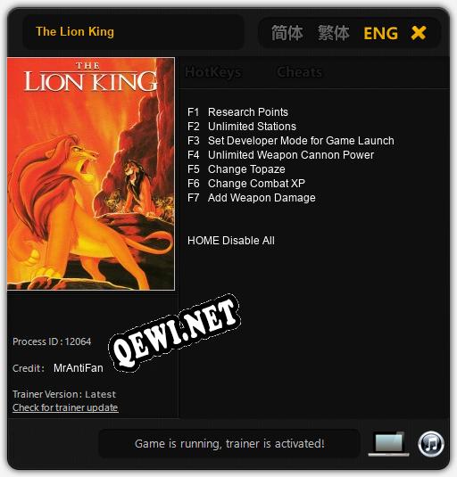 Трейнер для The Lion King [v1.0.4]
