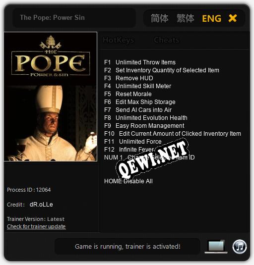 Трейнер для The Pope: Power Sin [v1.0.3]