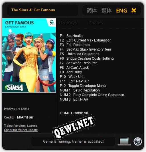 Трейнер для The Sims 4: Get Famous [v1.0.1]