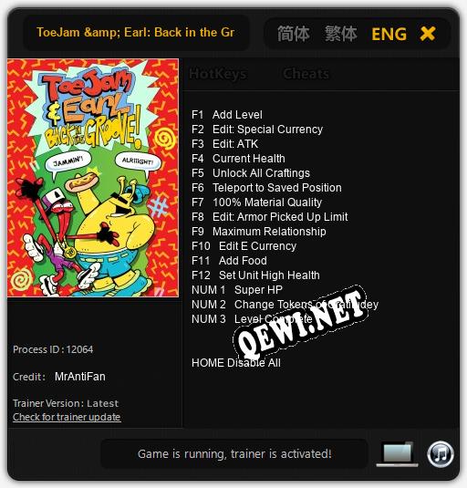 Трейнер для ToeJam & Earl: Back in the Groove [v1.0.5]