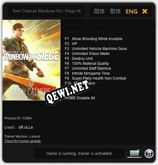 Трейнер для Tom Clancys Rainbow Six: Siege High Calibre [v1.0.6]