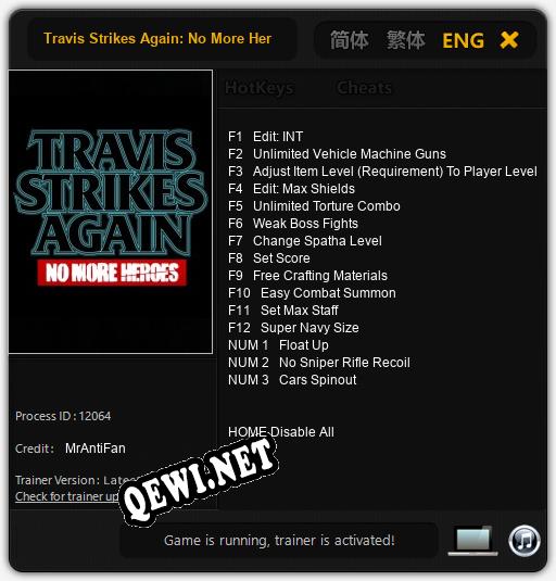 Трейнер для Travis Strikes Again: No More Heroes [v1.0.8]