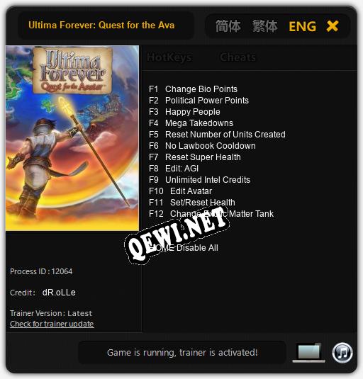 Трейнер для Ultima Forever: Quest for the Avatar [v1.0.8]