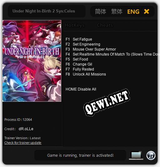 Трейнер для Under Night In-Birth 2 Sys:Celes [v1.0.8]