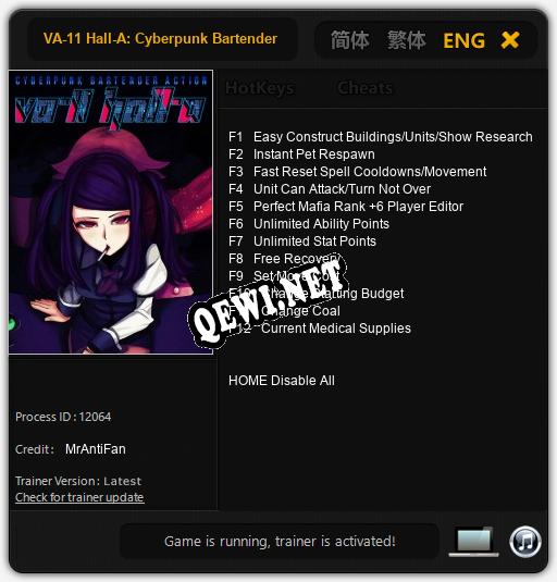 Трейнер для VA-11 Hall-A: Cyberpunk Bartender Action [v1.0.8]