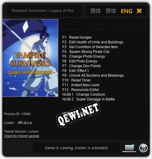 Трейнер для Vampire Survivors: Legacy of the Moonspell [v1.0.3]