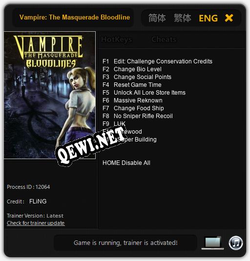 Трейнер для Vampire: The Masquerade Bloodlines [v1.0.6]