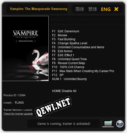 Трейнер для Vampire: The Masquerade Swansong [v1.0.1]