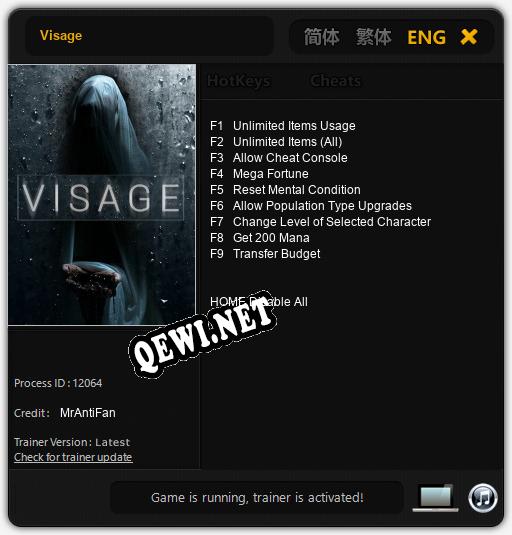 Visage: Трейнер +9 [v1.4]