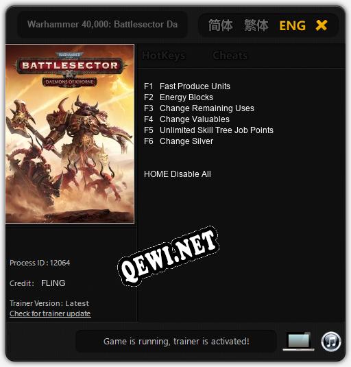 Трейнер для Warhammer 40,000: Battlesector Daemons of Khorne [v1.0.3]