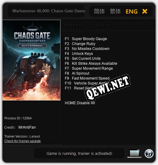 Трейнер для Warhammer 40,000: Chaos Gate Daemonhunters Duty Eternal [v1.0.9]