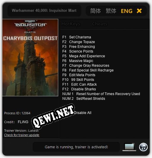 Трейнер для Warhammer 40,000: Inquisitor Martyr Charybdis Outpost [v1.0.6]