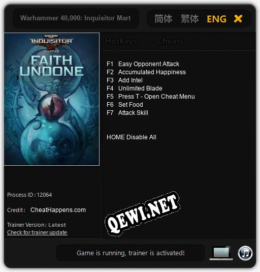 Трейнер для Warhammer 40,000: Inquisitor Martyr Faith Undone [v1.0.6]